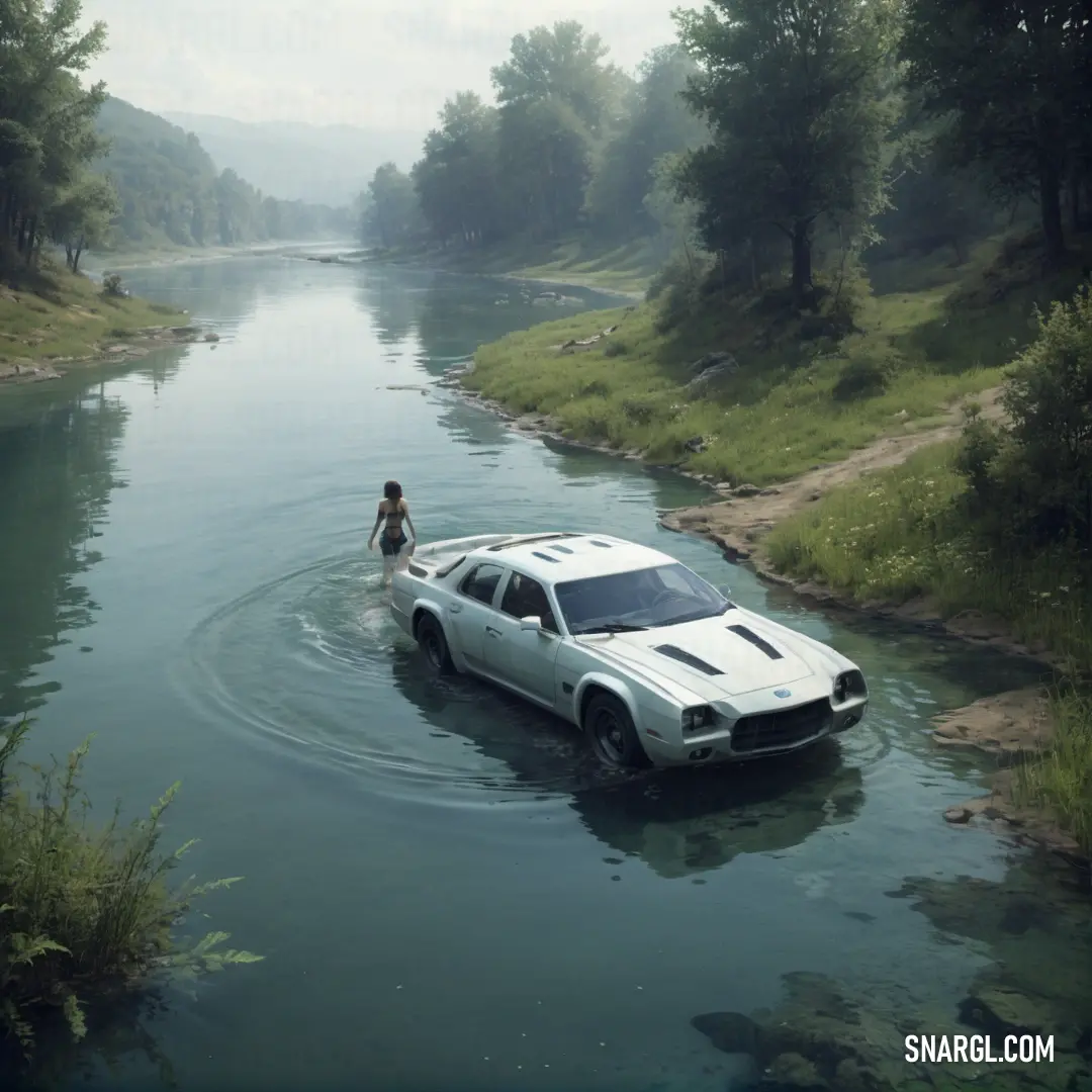 Car is in the water with a man standing on it's hood in the water next to it. Color NCS S 1005-R80B.