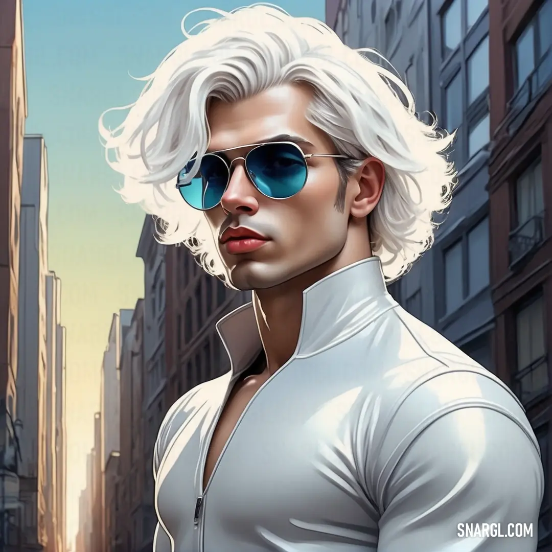 Man with white hair and sunglasses in a city street. Color CMYK 5,1,0,10.