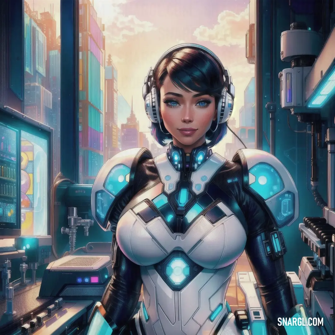 Woman in a futuristic suit with headphones on in a city setting. Example of #E1E7EB color.