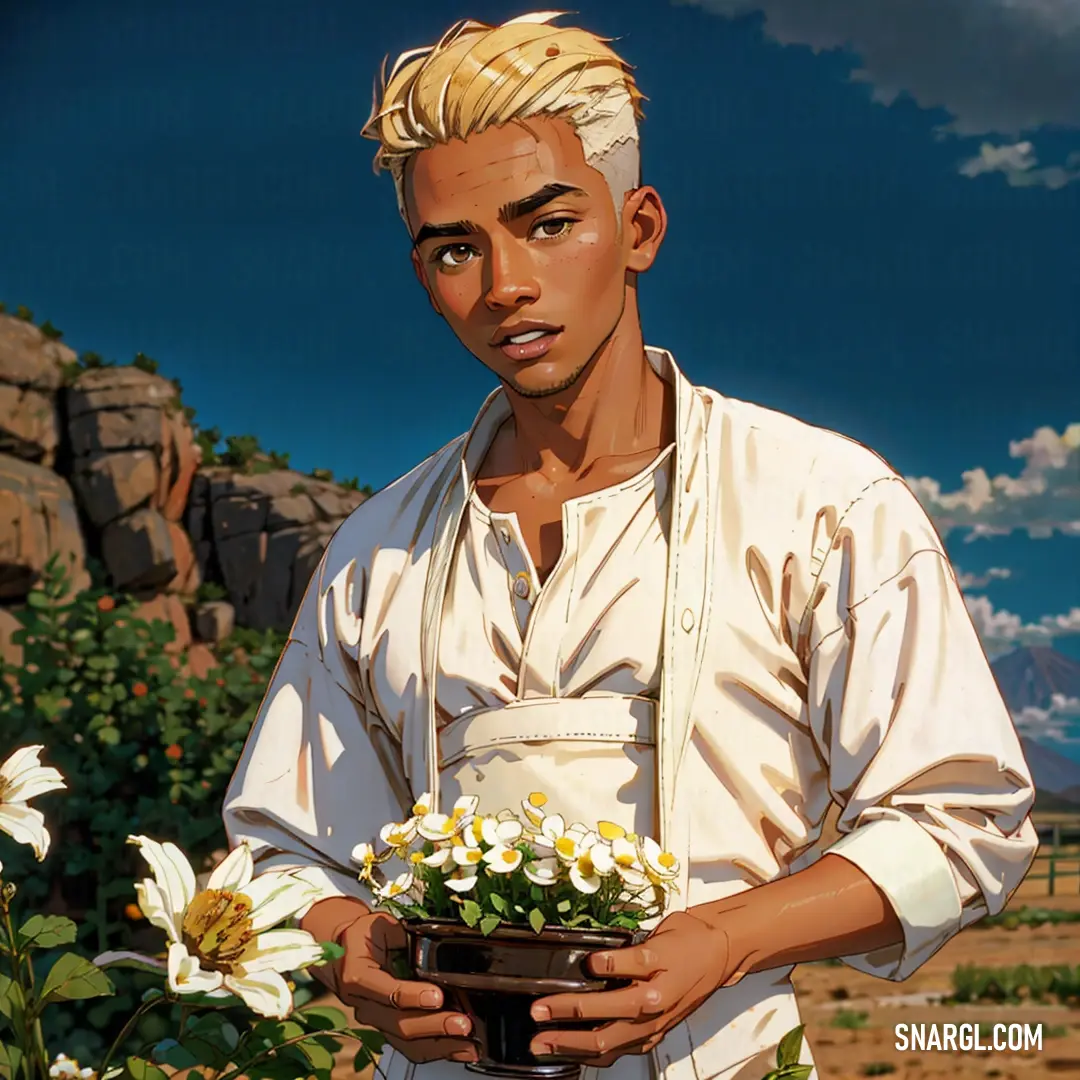 Man holding a pot of flowers in his hands and a mountain in the background. Example of NCS S 1005-Y color.