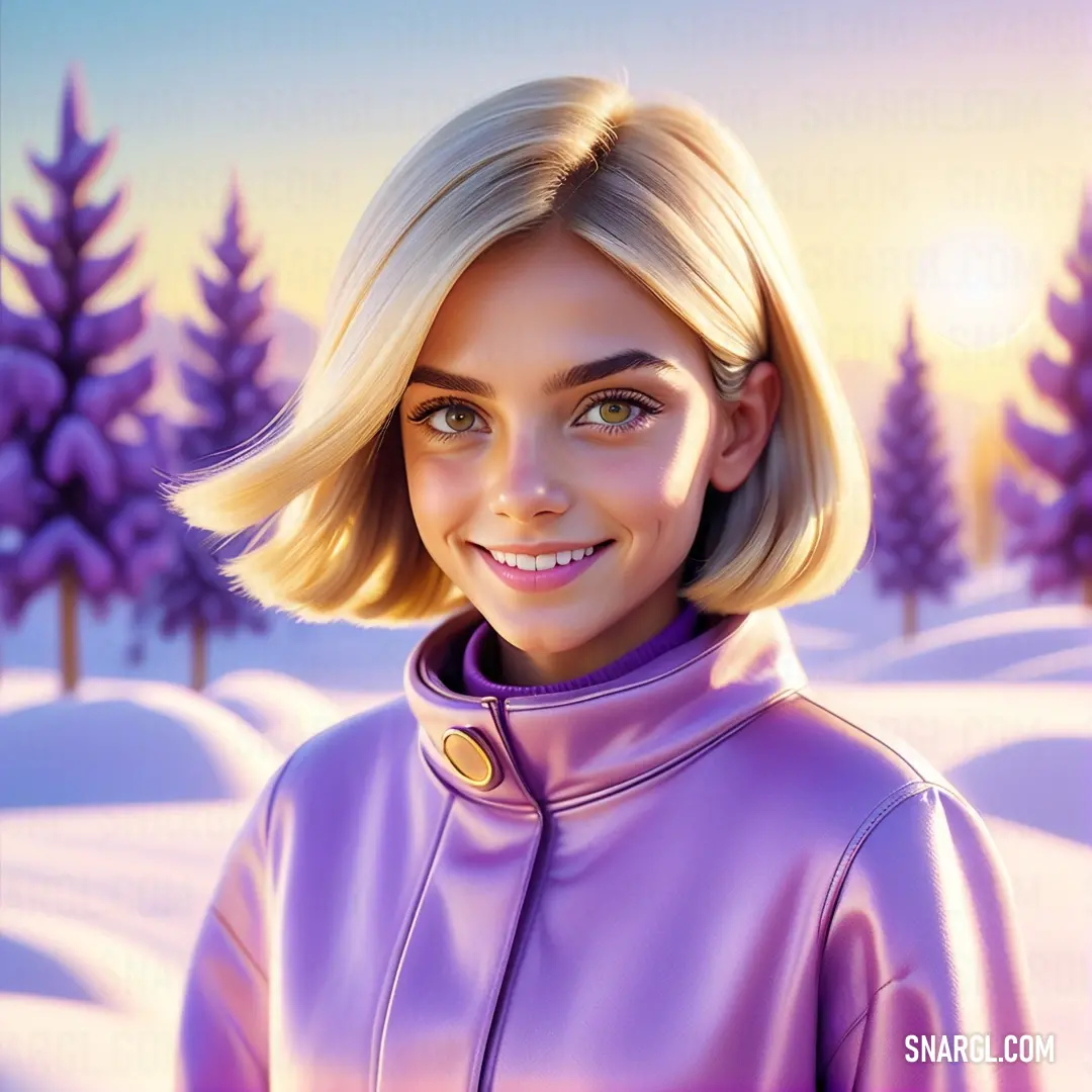 Painting of a woman in a purple jacket in a snowy landscape with trees and snow - covered ground. Color CMYK 0,0,20,5.