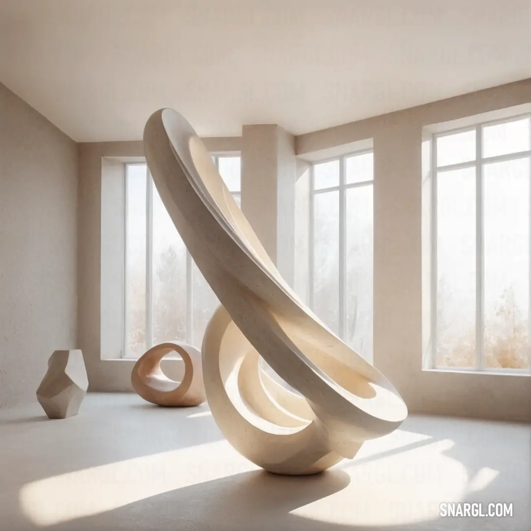 Sculpture in a room with three windows and a vase on the floor in front of it. Color RGB 245,240,211.