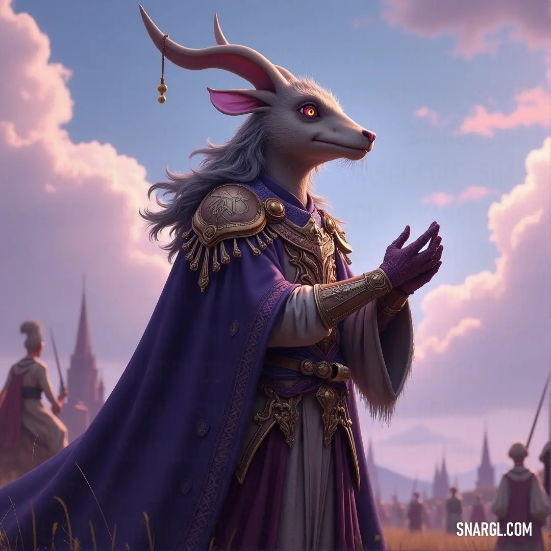 An enchanting character with the head of a goat, adorned with majestic horns and a flowing purple cape that billows softly. Set in a mystical environment, this figure sparks the imagination and invites stories of adventure and magic.