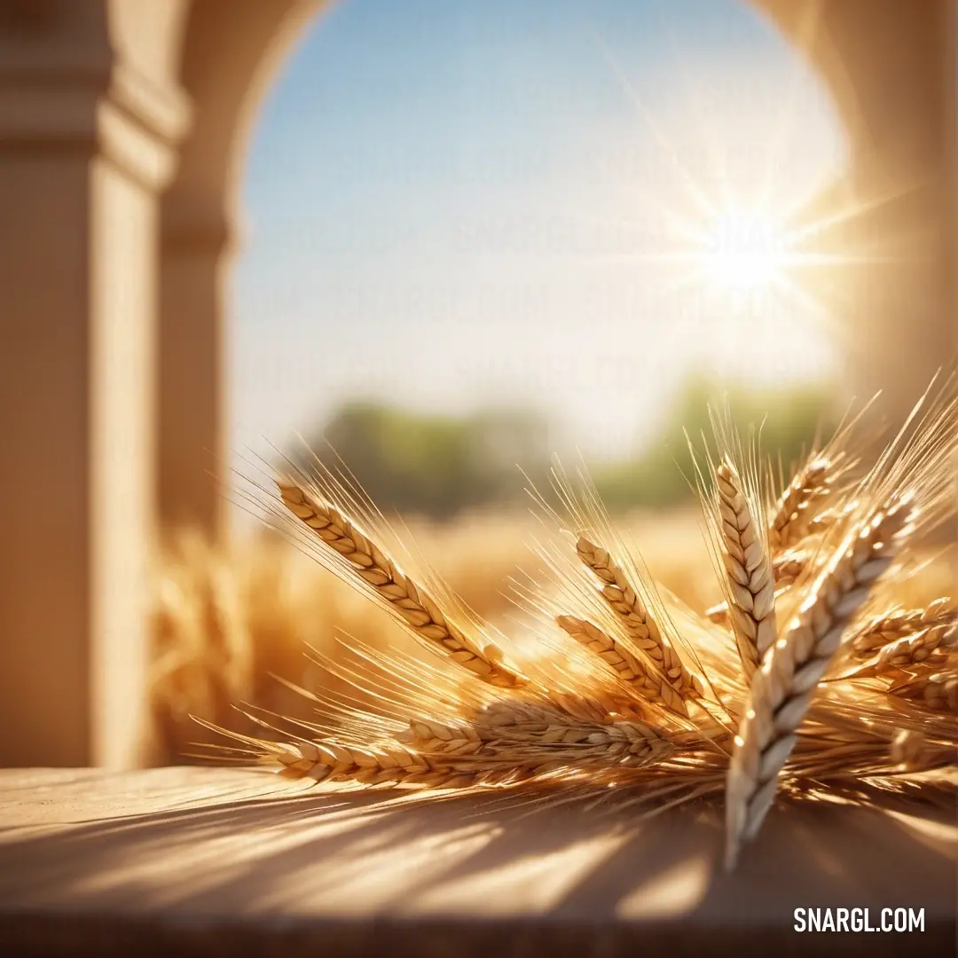 Close up of a wheat on a table with a sun in the background. Color RGB 243,234,206.