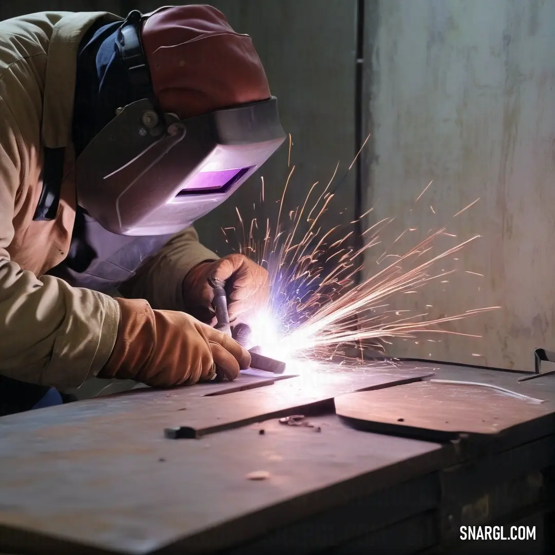 A skilled welder focused on his work, using a grinder to shape metal on a well-lit table. An attentive assistant holds a tool, ensuring safety and precision amidst the sparks flying in the workshop.