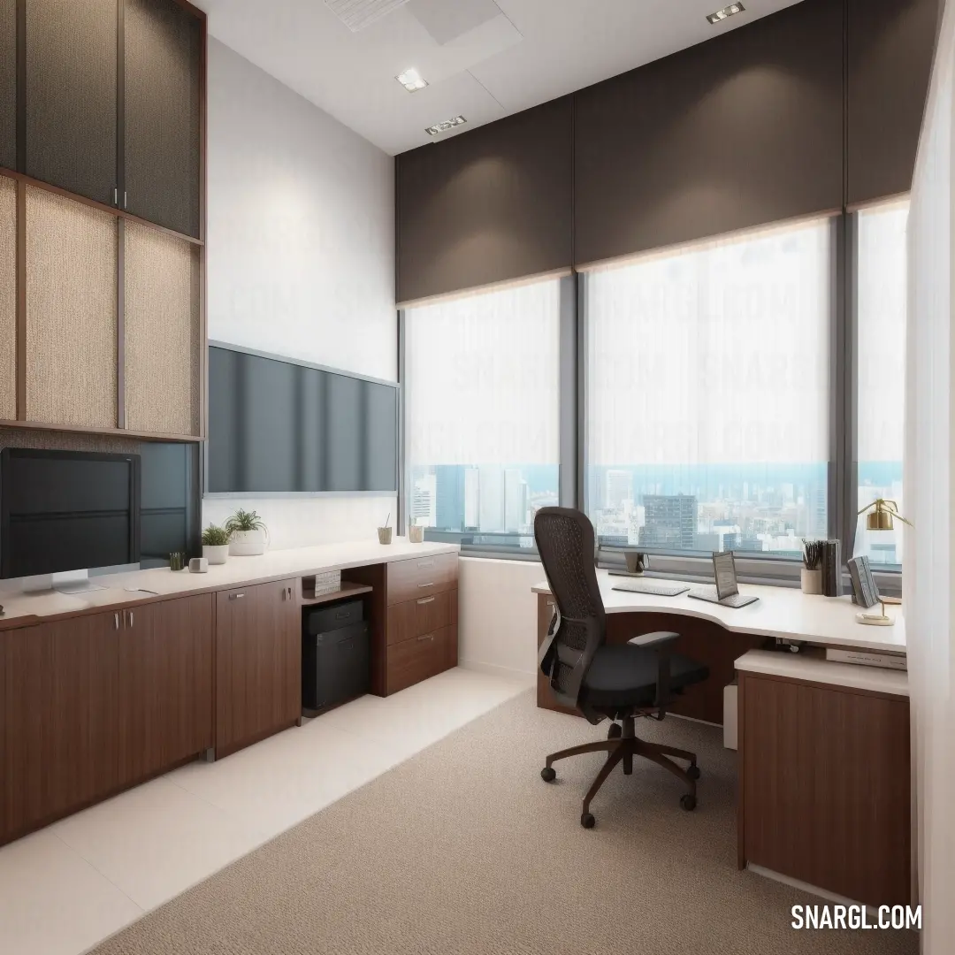 A large office space features a polished desk, a comfortable chair, and a city view from the window. The office exudes a professional and modern atmosphere.