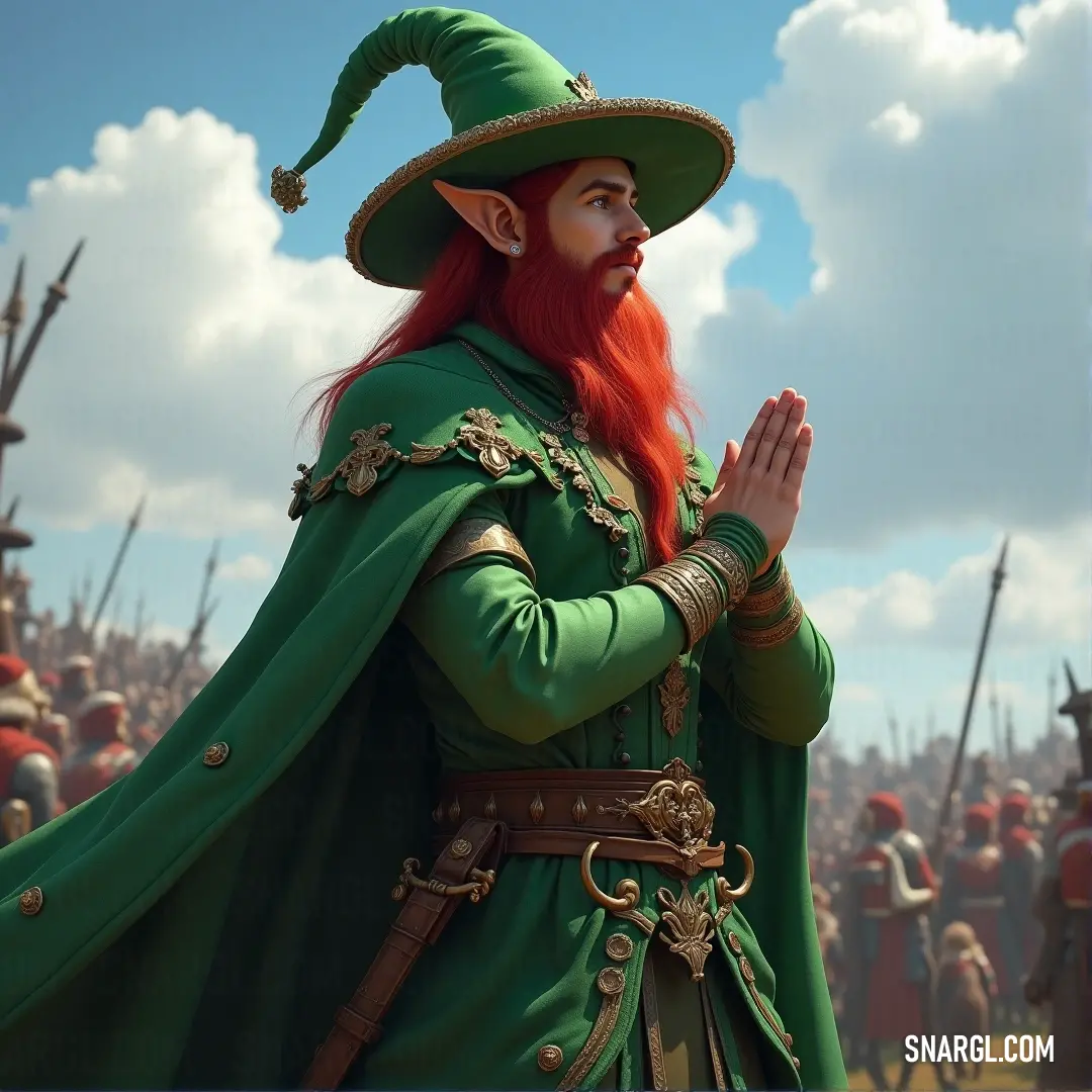 A visually striking man with a vibrant red beard and long hair, clad in a green outfit and hat, stands tall before an enthusiastic crowd. The warm colors evoke a sense of celebration and camaraderie amidst the lively atmosphere.