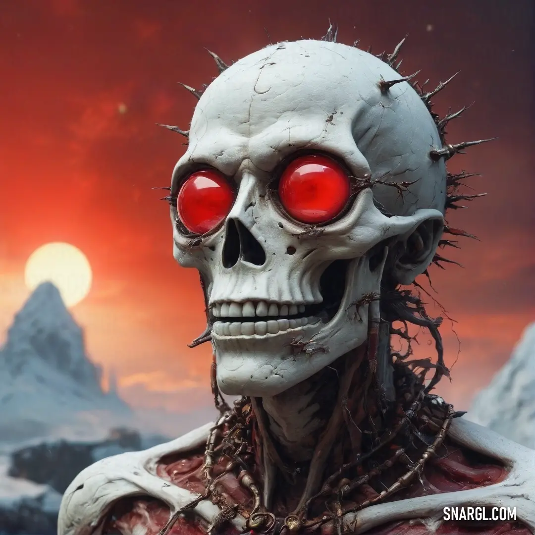 A chilling yet intriguing skeleton adorned with a chain around its neck, its vivid red eyes looming over the majestic mountains, creating a striking contrast between life and death.