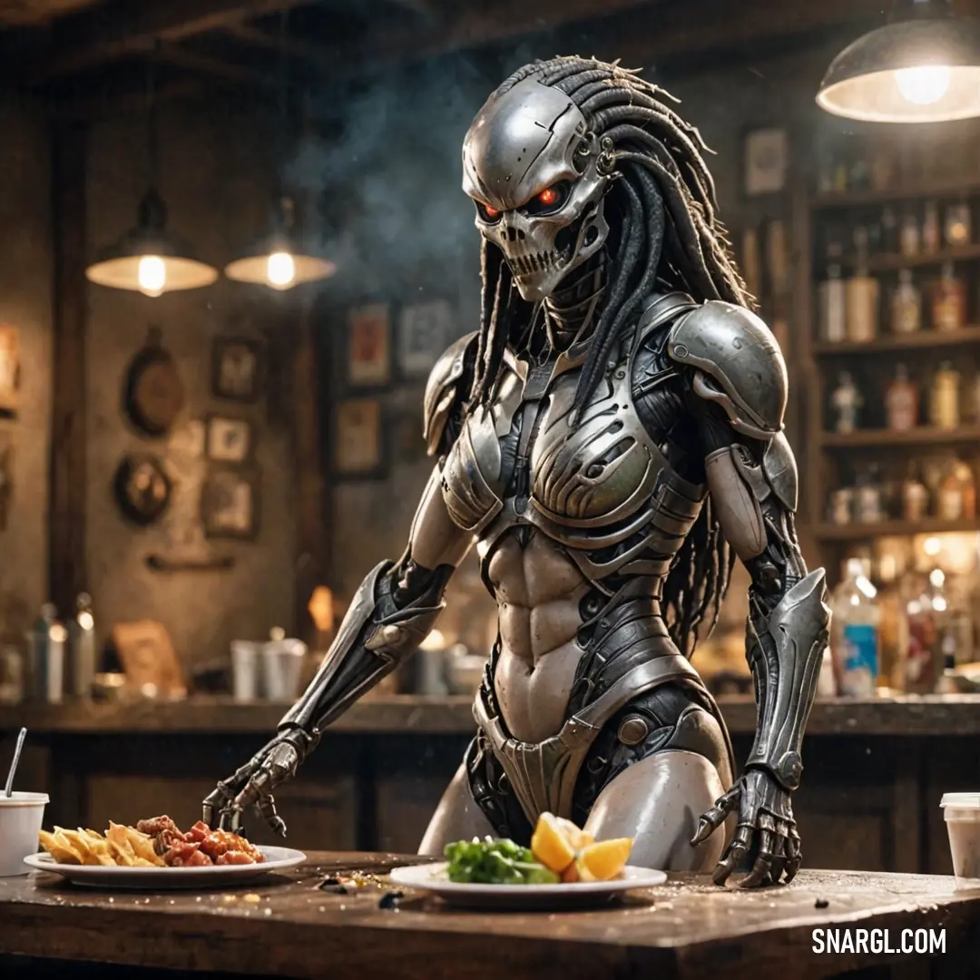 A beautifully crafted statue of a predator dominates a kitchen scene, standing ominously over a plate of food. The warm ambiance of the kitchen complements the statue's fierce presence, merging artistry and everyday life.