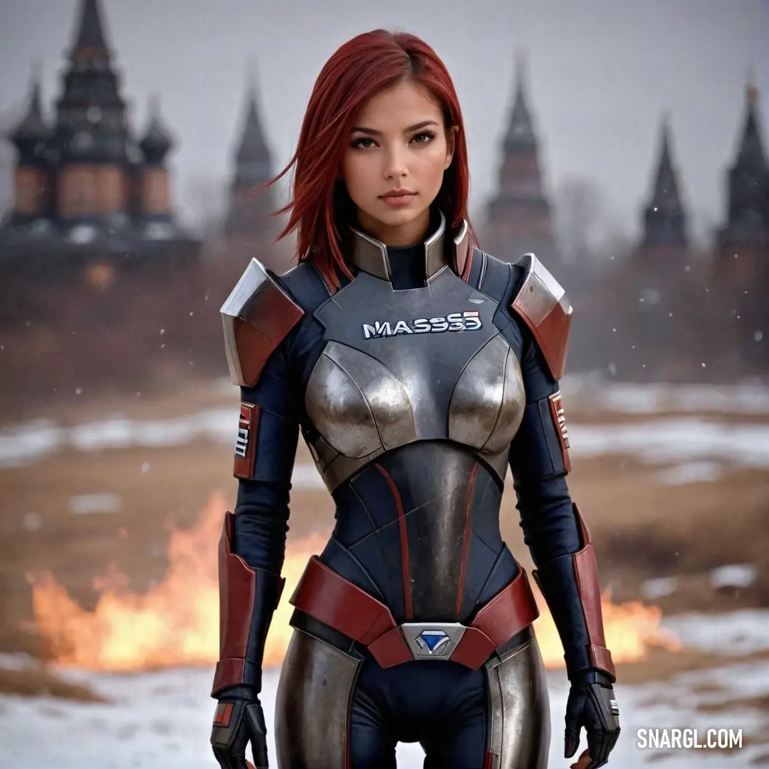 Against a backdrop of a fiery castle, a striking woman in a futuristic suit stands boldly, embodying courage and mystery. The flames flicker behind her, casting a warm glow that amplifies her fierce determination and adventurous spirit.