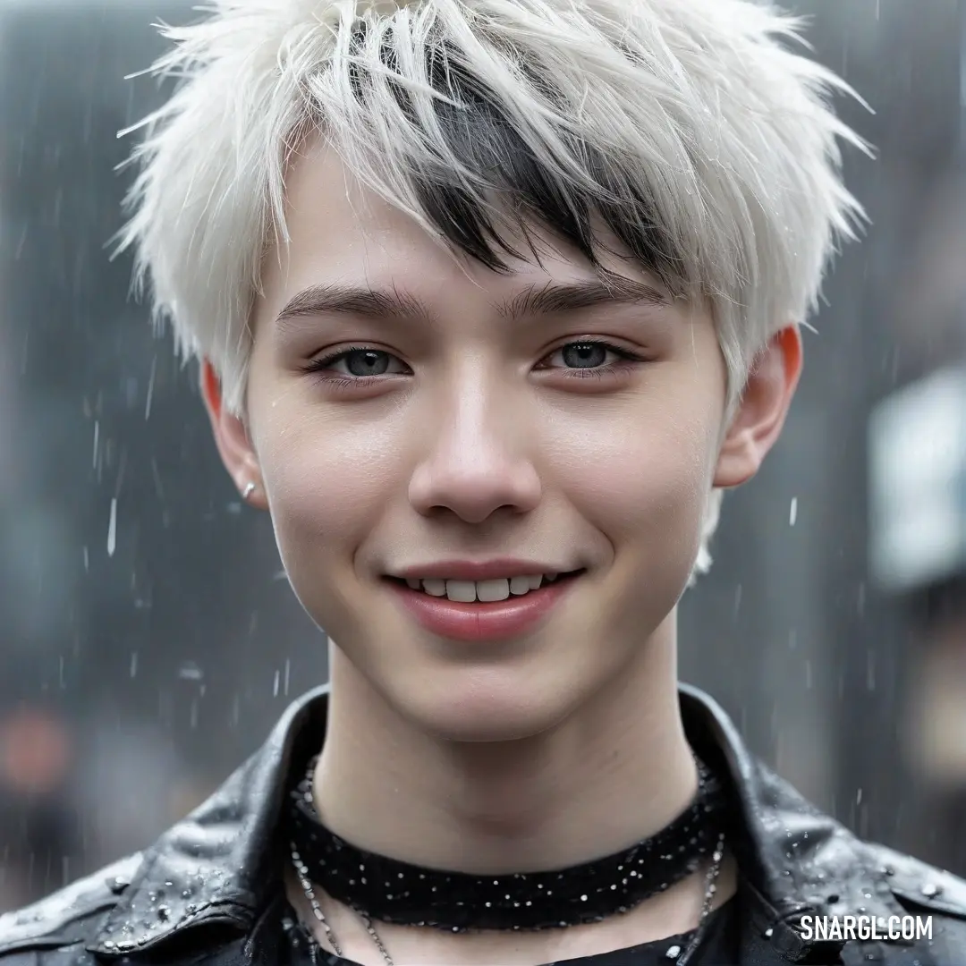 Joy radiates from a woman with a short white haircut as she smiles brightly under the gentle rain. Dressed in a stylish black shirt, her vibrant expression transforms a gloomy day into a celebration of life's little moments and joy.