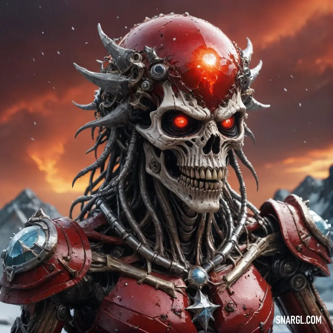 In a snowy landscape, a skeleton adorned with a helmet and fiery red eyes stands as a striking figure against the snow and mountains. Its formidable presence against the winter scene creates a haunting yet captivating juxtaposition.