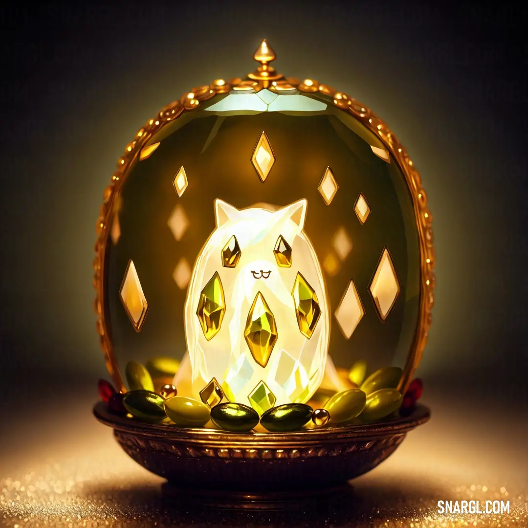 Cat inside of a glass ball with jewels on it's sides and eyes glowing in the light. Color NCS S 1005-Y20R.