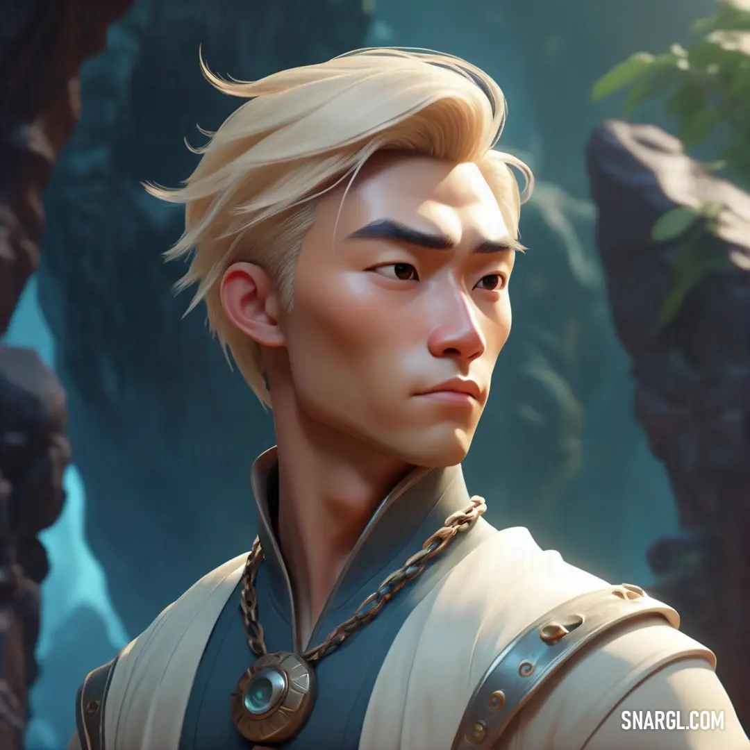 Man with blonde hair and a necklace on his neck in a video game avatar with a forest background. Color CMYK 0,4,22,5.