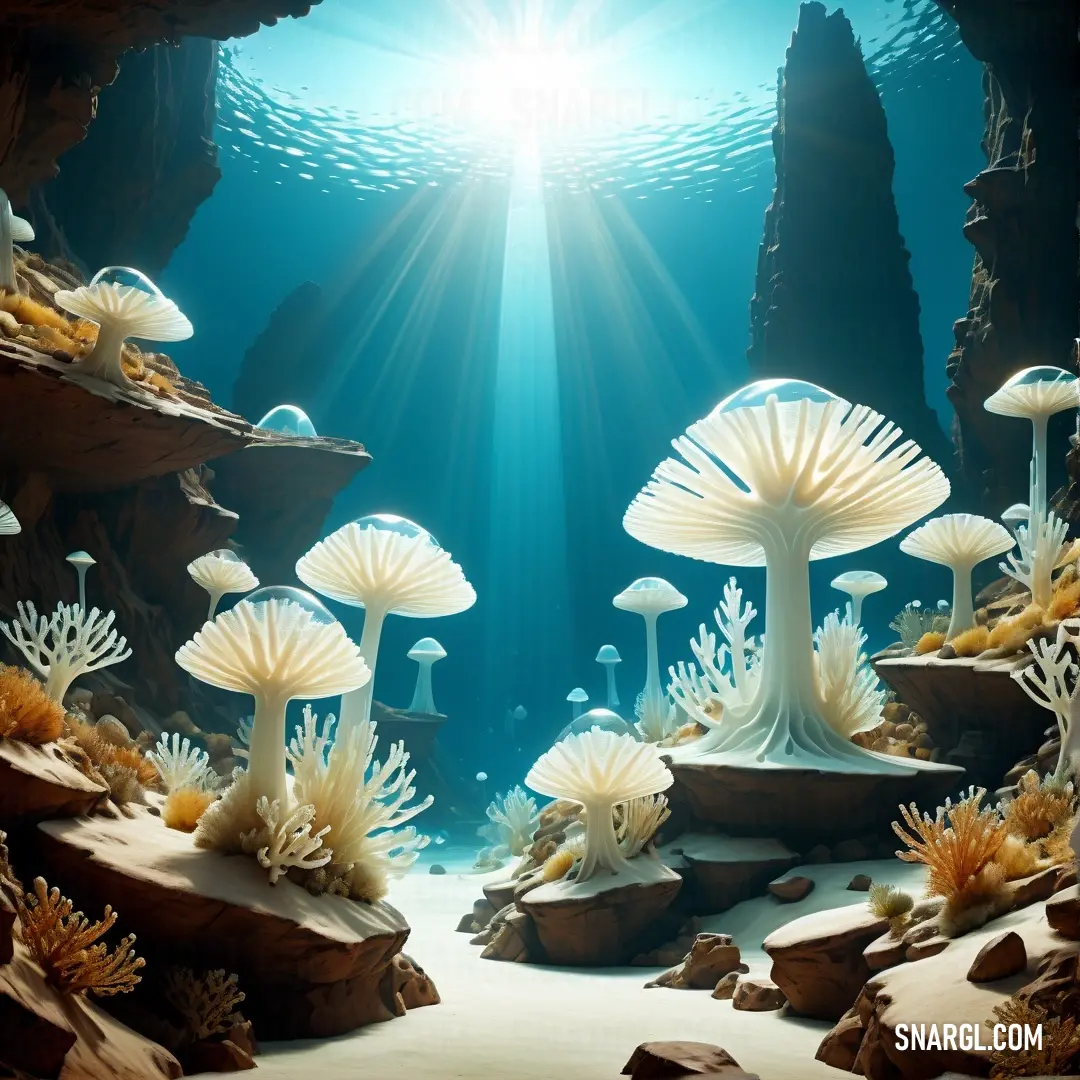 Underwater scene with many mushrooms and corals in the water and sunlight shining through the water's surface. Example of RGB 244,234,204 color.
