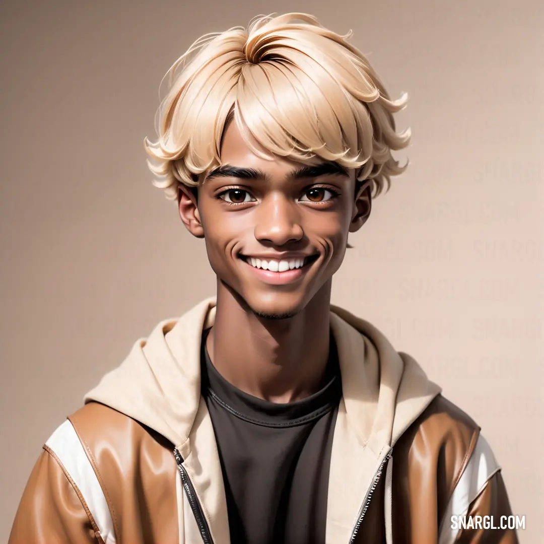 NCS S 1005-Y30R color example: Man with blonde hair and a smile on his face wearing a brown jacket and black shirt and a black t - shirt