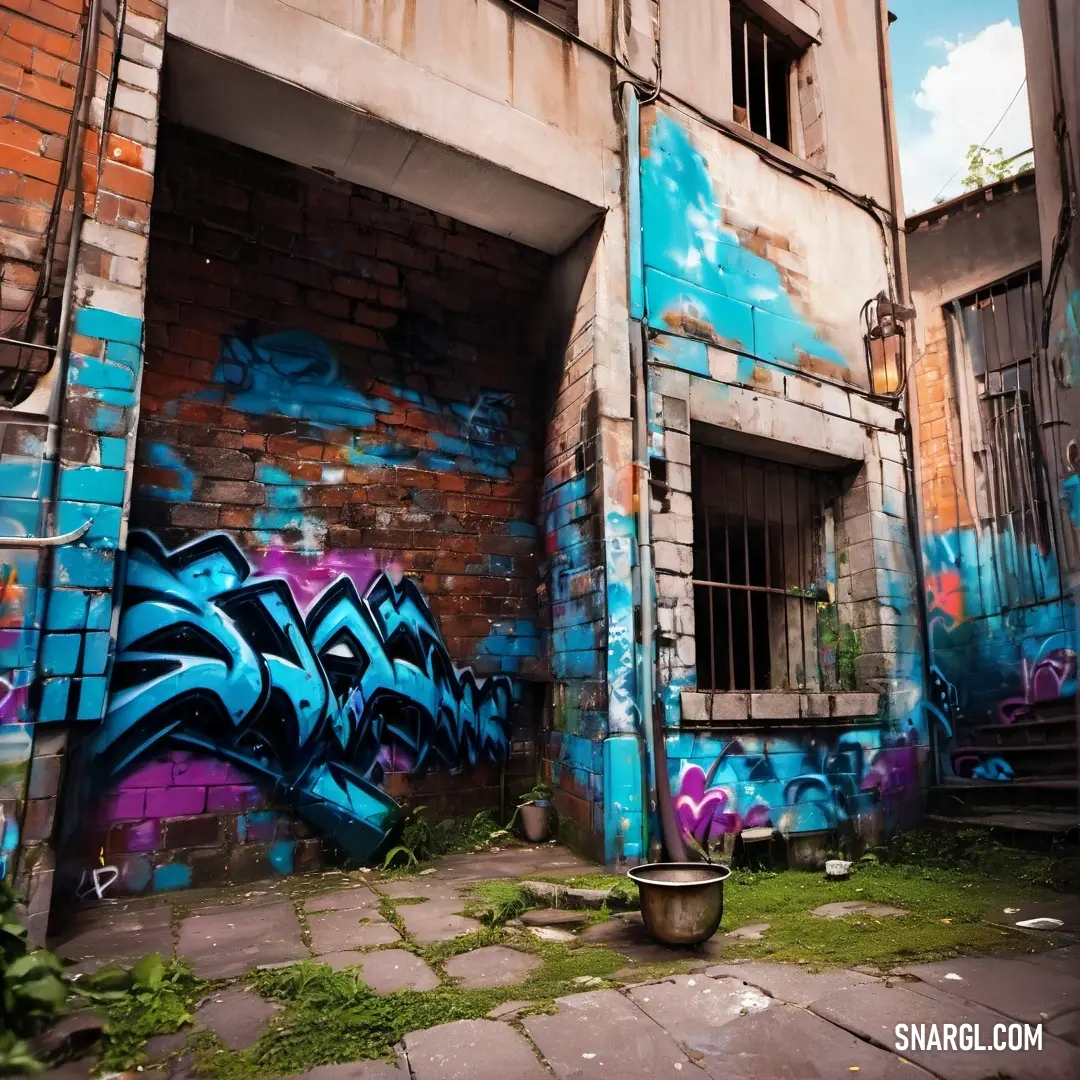 Building with graffiti on it and a window with bars on it and a trash can in front of it. Color #F4E9D6.