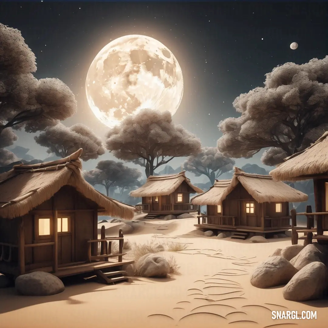 Full moon is shining over a snowy landscape with small huts and trees in the foreground. Example of RGB 244,233,215 color.