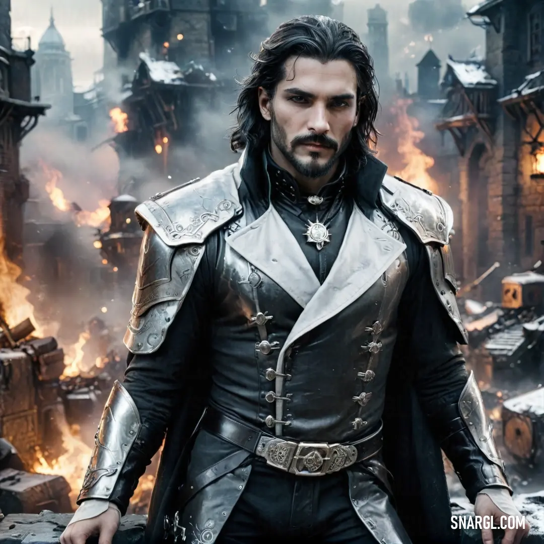 A heroic figure clad in a polished suit of armor faces a fiery, chaotic cityscape, with the glow of flames reflecting off his determined expression. The iconic clock tower looms in the distance, symbolizing urgency in a world of turmoil.