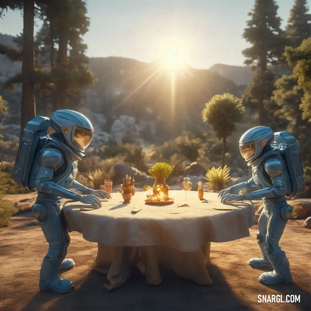 Two robots are at a table with a desert view in the background. Example of #F4E9D7 color.