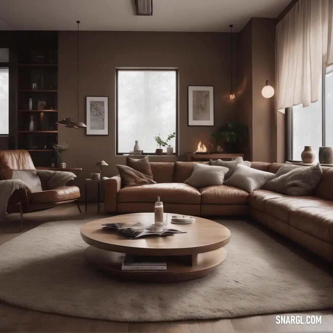 Living room with a large sectional couch and a coffee table in the middle of the room. Example of #F4E7D5 color.