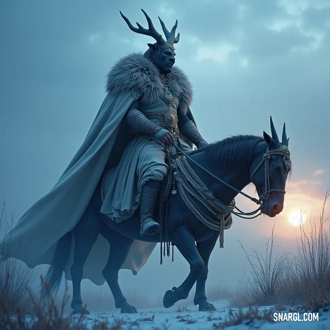 A horned figure rides gracefully upon a horse through a breathtaking snowy landscape at sunset, illuminated by a warm glow that casts an otherworldly light on the scene.