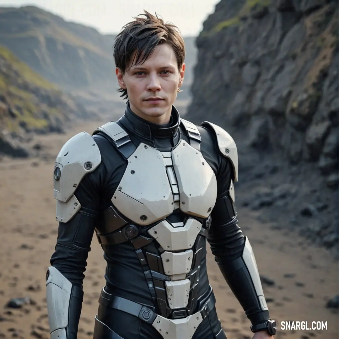 A figure in a futuristic suit stands at the edge of a beach, facing a dramatic cliff and majestic mountain range in the background. The scene captures the essence of adventure and breathtaking natural beauty.