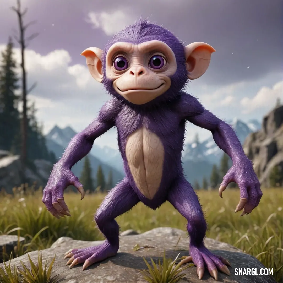 A playful cartoon monkey standing exuberantly on a rock in a vibrant field, surrounded by grass and rocks with towering mountains providing a stunning backdrop. Its lively personality shines through, adding a burst of color and cheer to this idyllic outdo