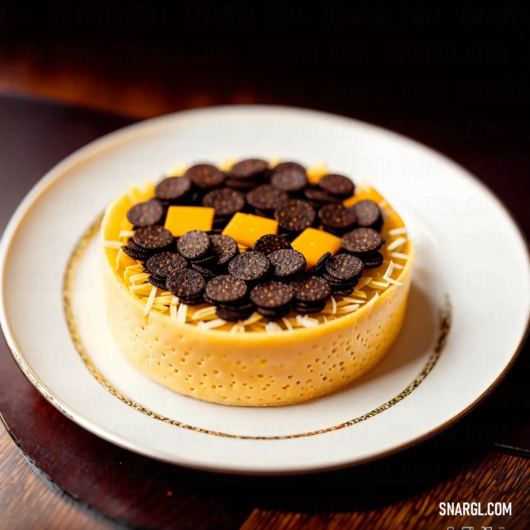 A delicious dessert sits on a plate, topped with tempting chocolate chips. The soft, warm colors of the dish contrast beautifully with the rich texture of the chocolate, creating a mouth-watering and inviting visual.