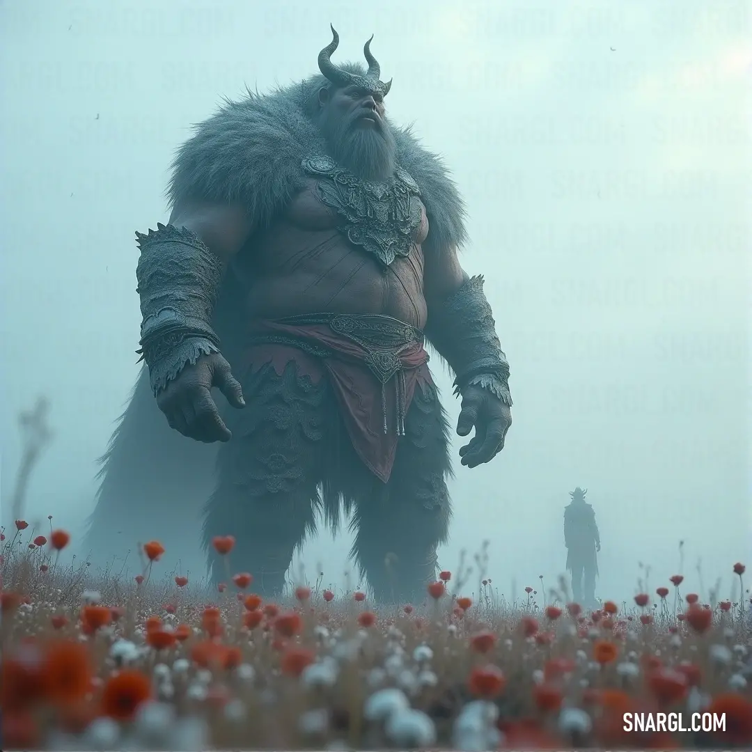 A man donned in an elaborate horned costume stands gracefully amidst a vibrant field of blooming flowers, merging fantasy with the beauty of nature in a tranquil moment.