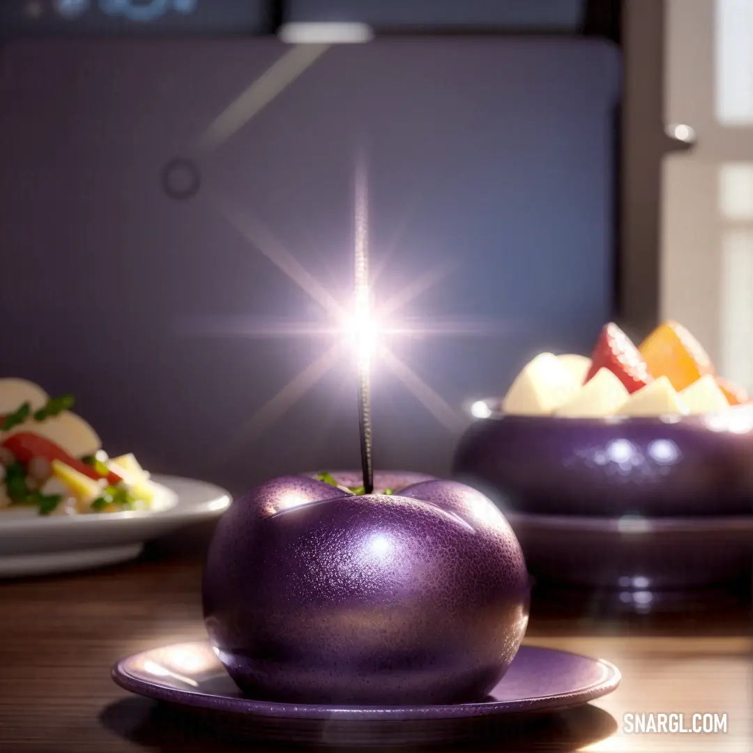 A plate holds a bright purple apple with a sparkling sparkler resting atop it. The vibrant hue of the apple contrasts beautifully with the gentle glow of the sparkler, creating a festive and whimsical vibe with a touch of fun.