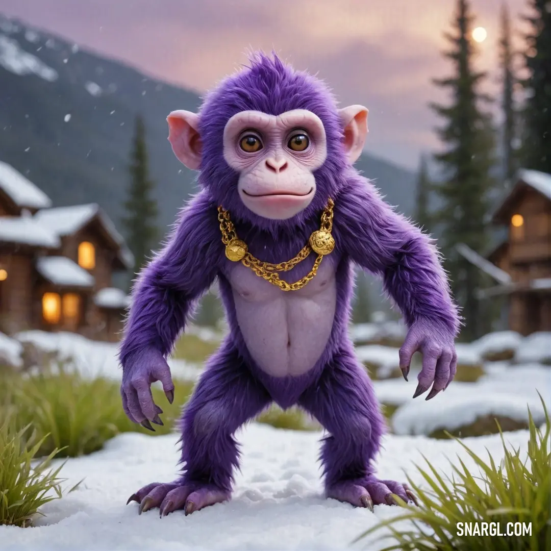 A playful purple monkey frolics in a snowy landscape, adorned with a shiny gold necklace that glimmers against the soft white snow, with a cozy cottage peeking through the frosty trees in the background.