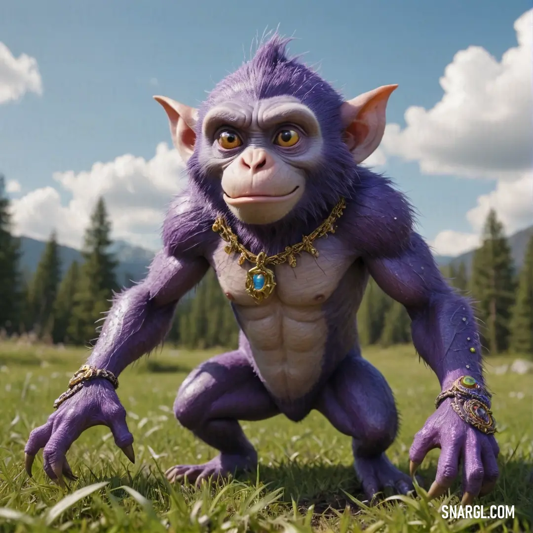 A whimsical purple troll stands confidently in a vibrant green meadow, hands on hips, with a striking chain glistening around its neck, surrounded by wildflowers swaying in the breeze under a bright blue sky.