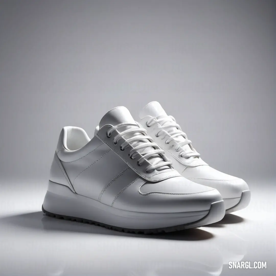 A stylish white shoe featuring a glossy white sole, perfectly positioned on a smooth gray surface. This image captures the modern essence of footwear design, complemented by the gentle hue of #F4E7D5, exuding sophistication and simplicity.