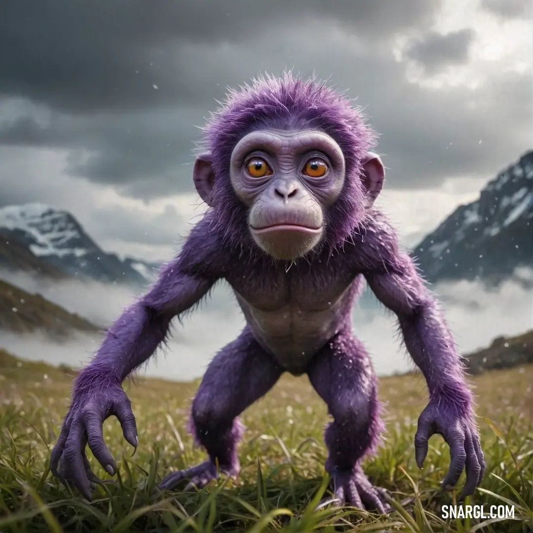 A charming purple monkey standing gracefully in a sunlit field, with majestic mountains framing the horizon. The soft light enhances its vibrant hue, perfectly blending tranquility and joy in this breathtaking outdoor setting that delights the senses.