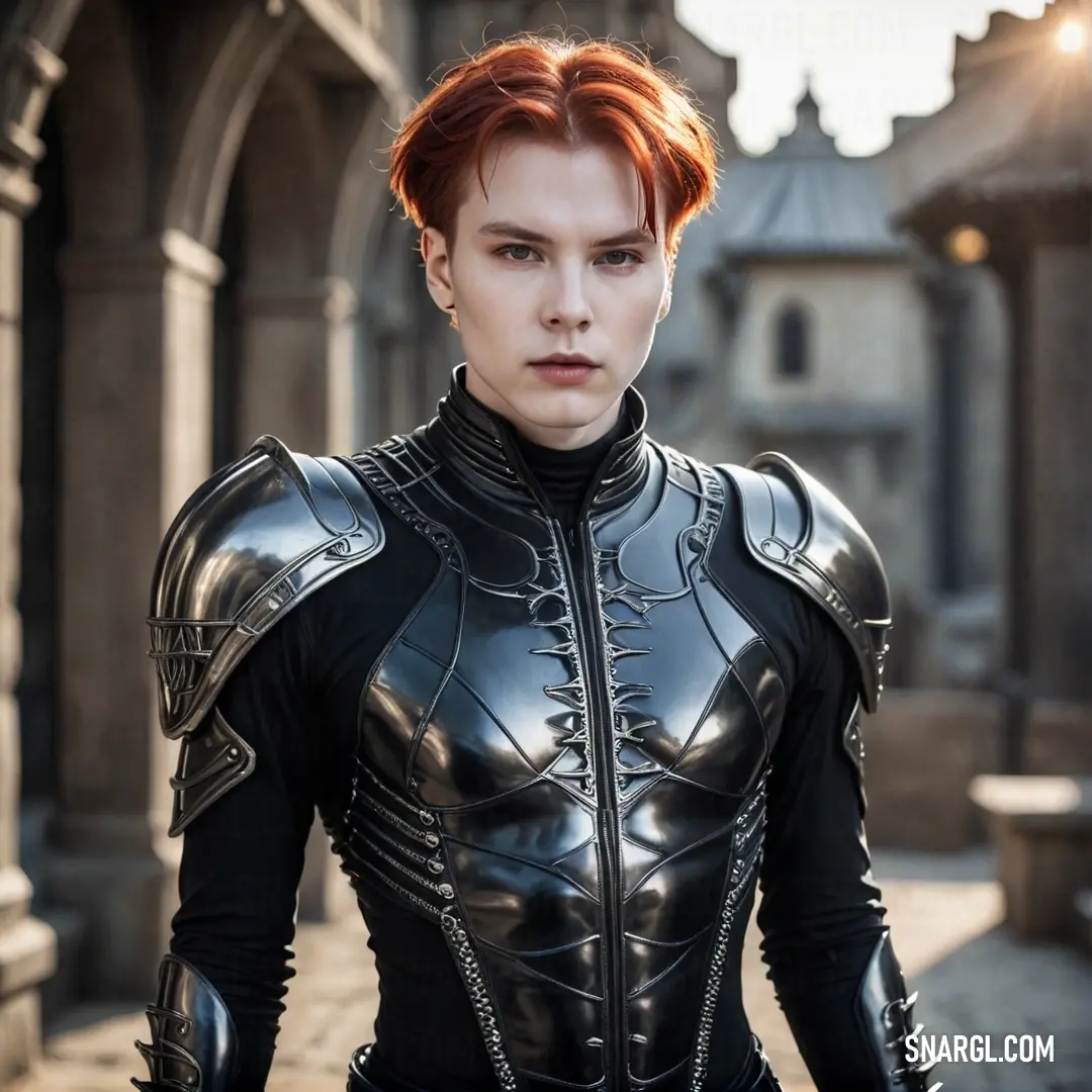 A woman in a stunning black leather outfit stands confidently in a courtyard with an impressive castle backdrop. Her pose captures strength and style, echoing a sense of timeless elegance in the atmosphere.