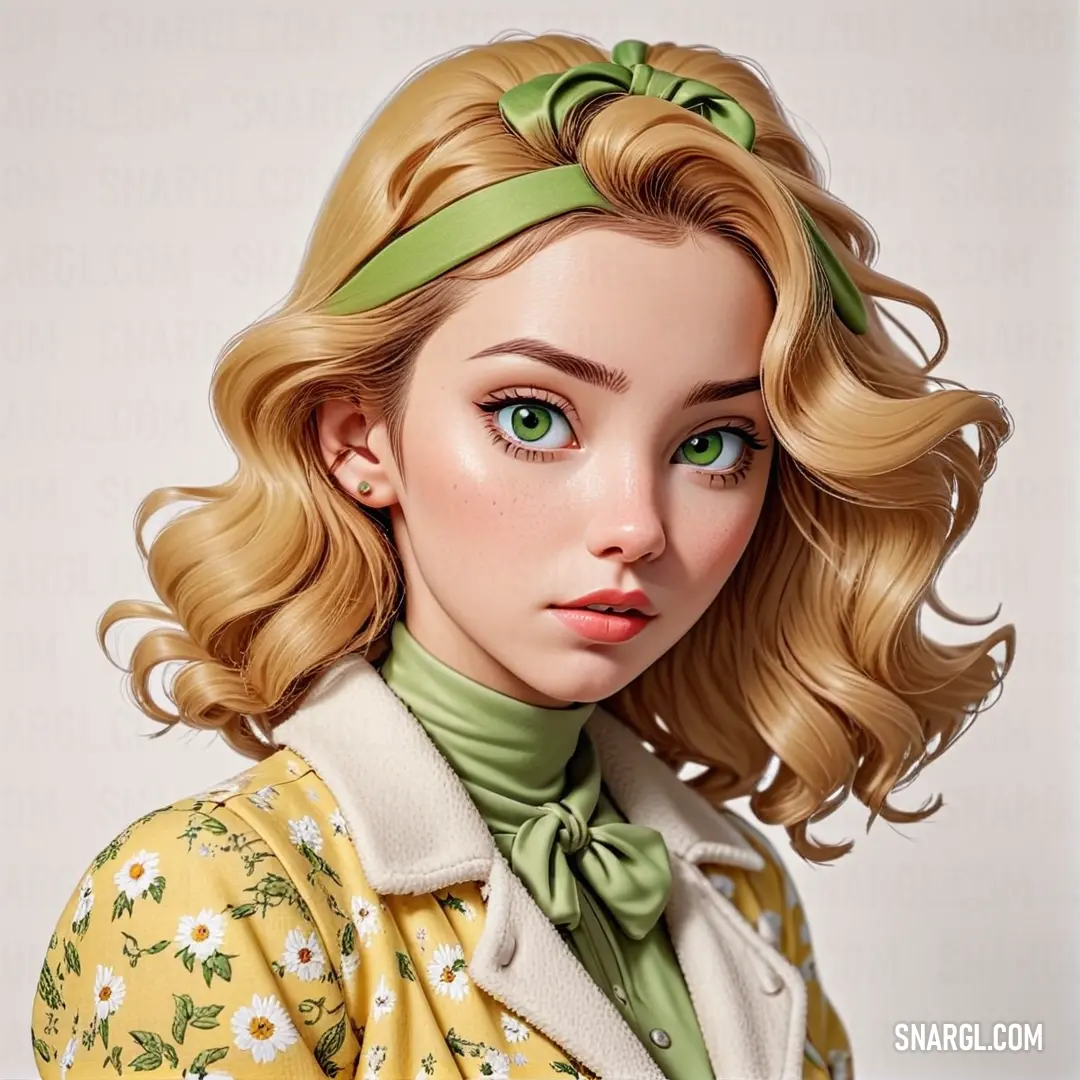 Digital painting of a woman with blonde hair and green eyes wearing a yellow dress. Color NCS S 1005-Y80R.
