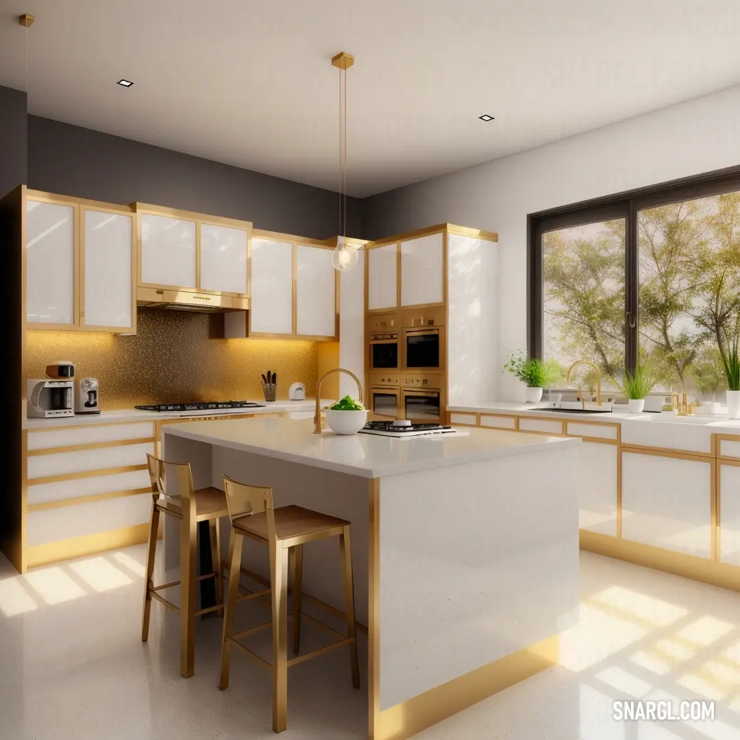 Kitchen with a large island and a window with a view of the trees outside of the window and a table with chairs