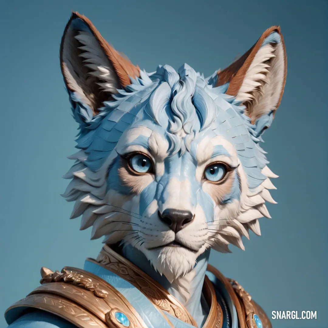 Statue of a cat wearing a blue outfit and gold armor with a blue sky background. Color RGB 243,229,220.