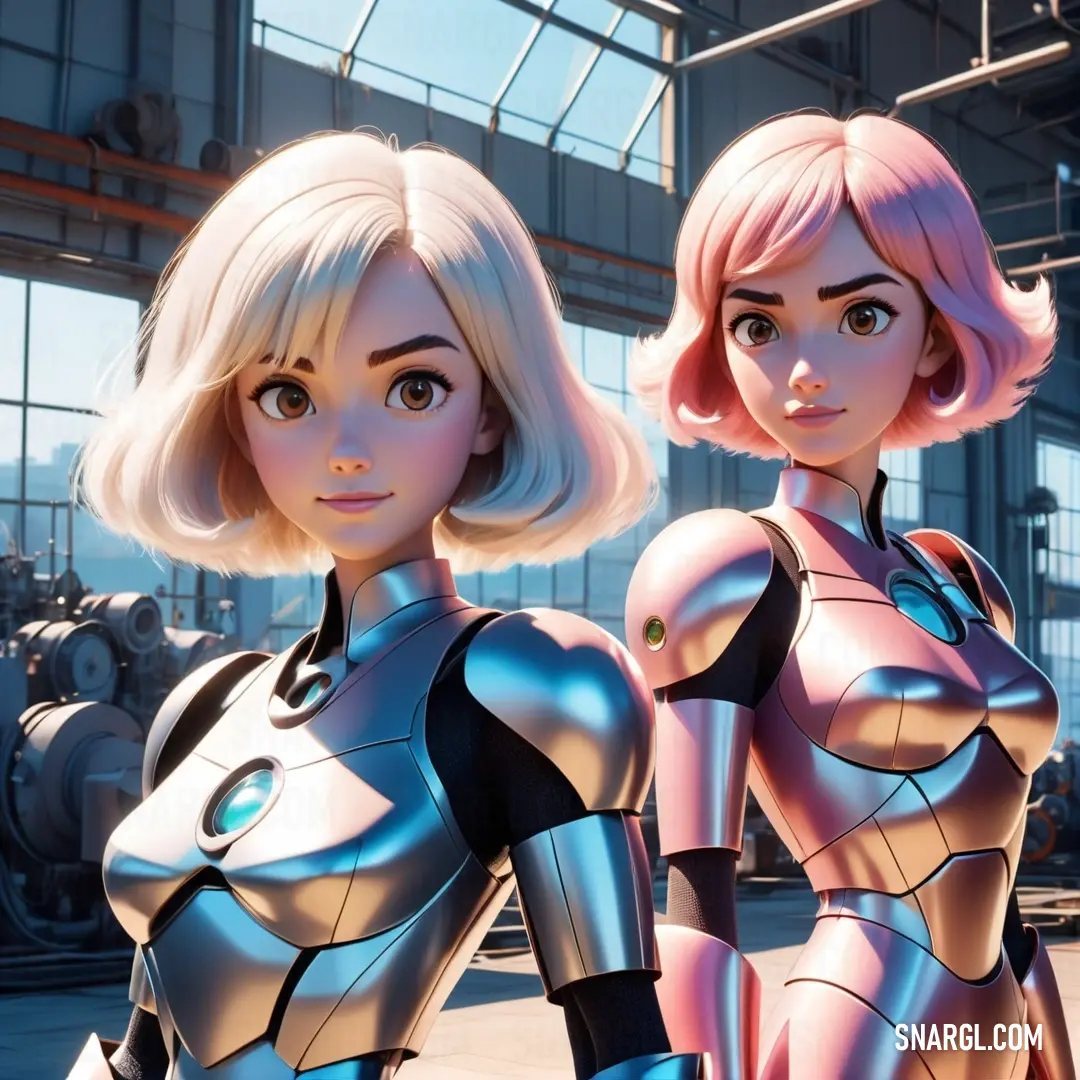 Two women in futuristic suits standing next to each other in a factory area with machinery behind them and a large window