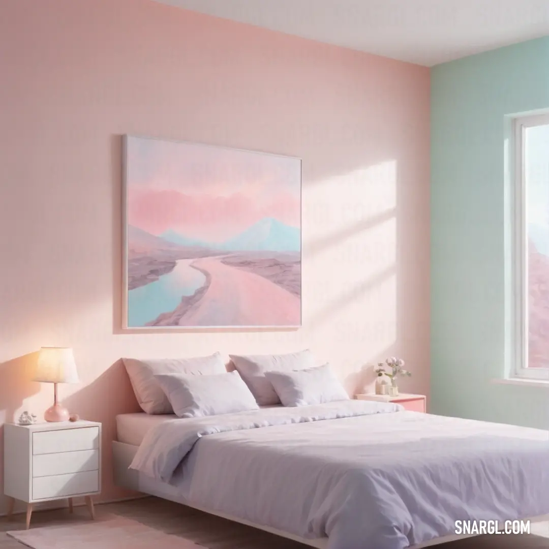 NCS S 1010-B50G color example: Bedroom with a bed and a painting on the wall above it and a dresser with a lamp on it