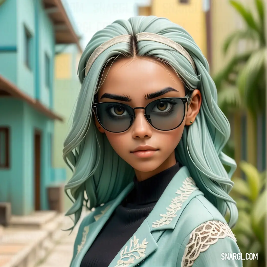 Woman with green hair and sunglasses standing in front of a blue building. Example of #DFF8F1 color.