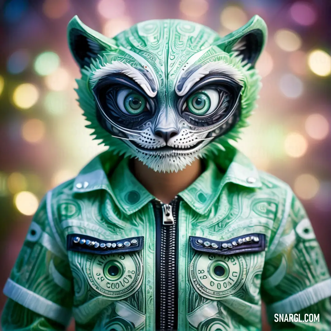 Cat with a green jacket and a green jacket with a zipper down the middle of it. Example of NCS S 1010-G color.