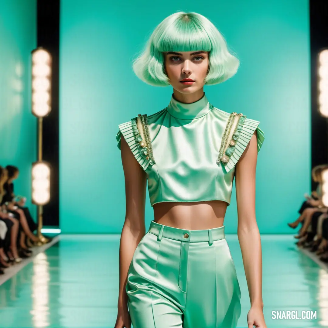 Model with green hair and a short skirt on the runway of a fashion show in a green room. Example of CMYK 22,0,20,0 color.