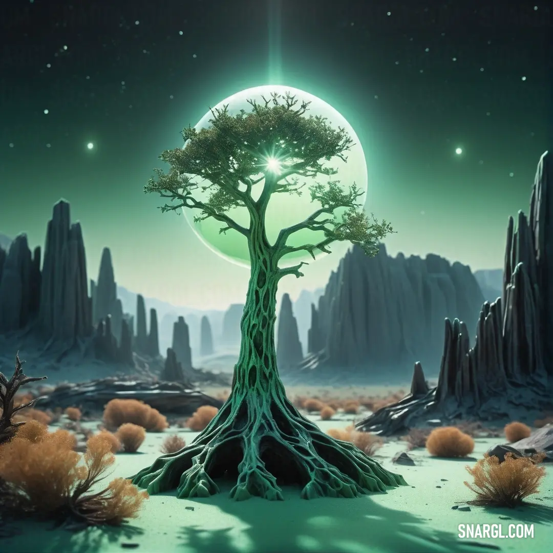 Tree with a green moon in the background. Example of RGB 219,248,224 color.