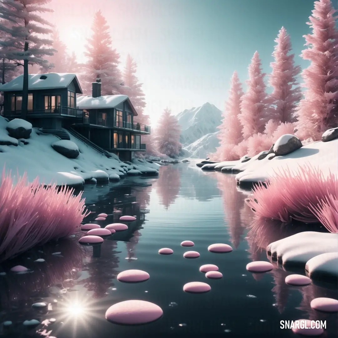 NCS S 1010-R color. House is on a snowy hill by a river with pink plants and rocks in the water and snow on the ground