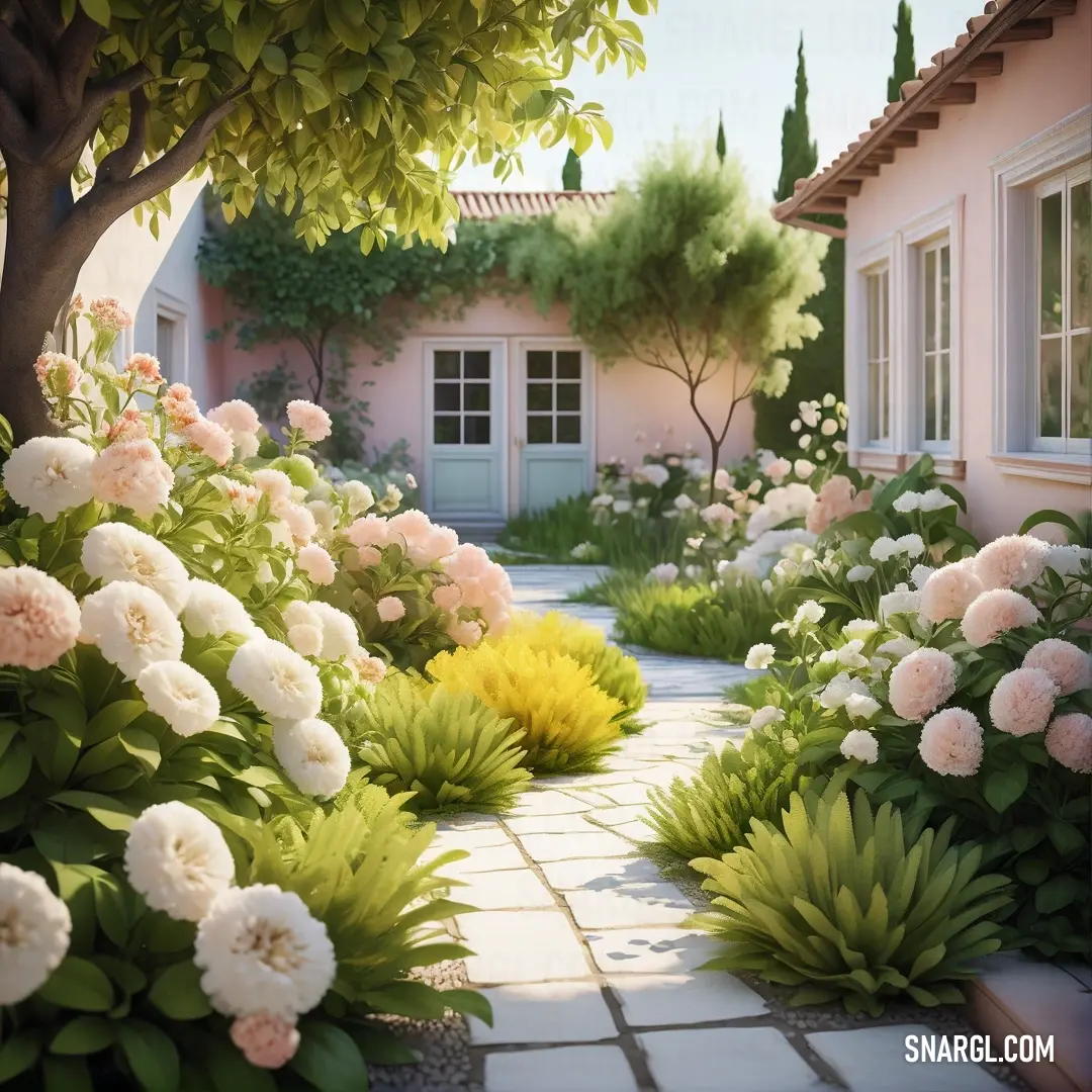 Garden with a walkway and flowers and a house in the background. Example of #F4DBD7 color.