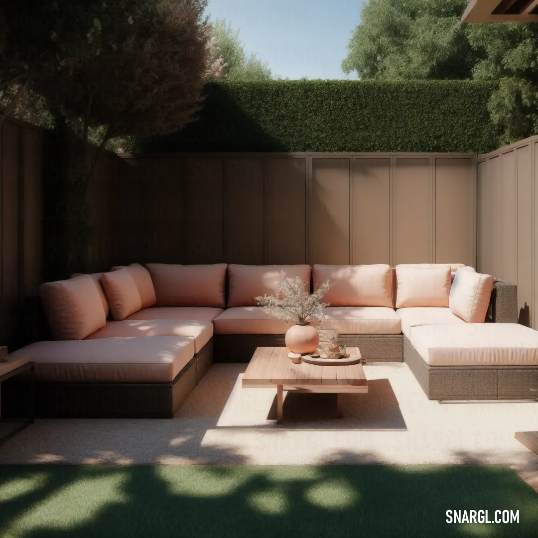 NCS S 1010-R10B color. Couch and table in a small backyard area with a fence in the background