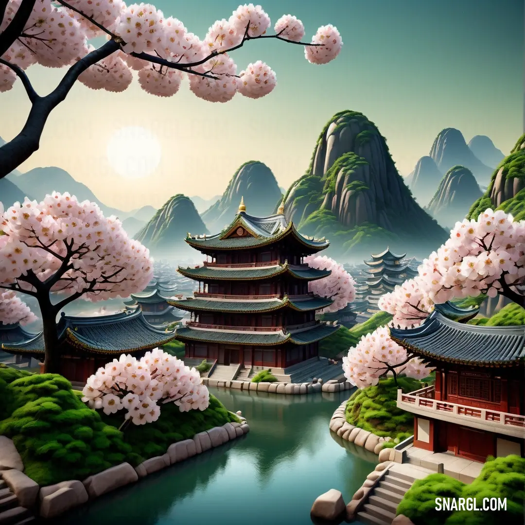 NCS S 1010-R20B color. Painting of a chinese landscape with cherry blossoms and a pagoda in the background