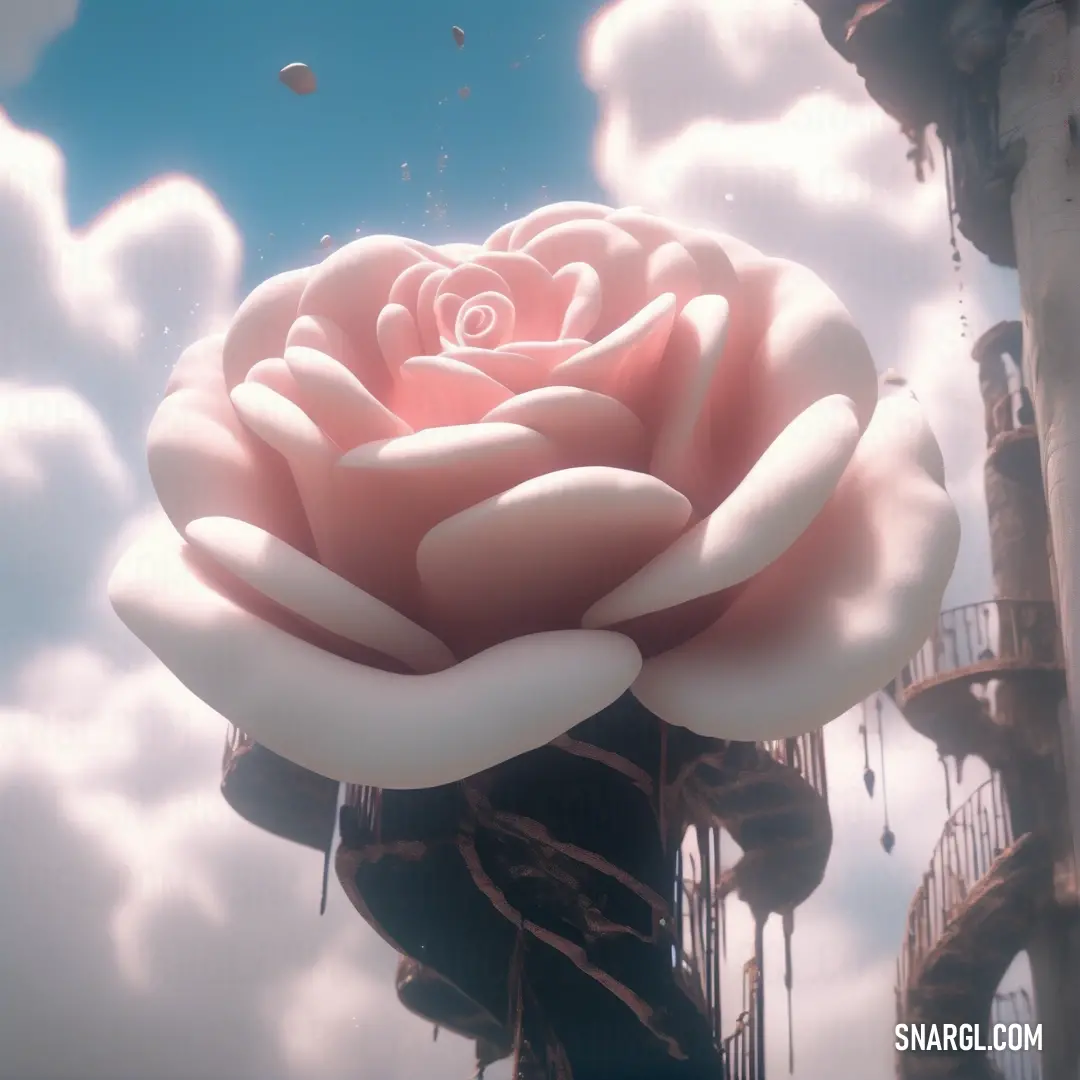 Giant rose floating in the air with a sky background. Color CMYK 0,13,5,5.